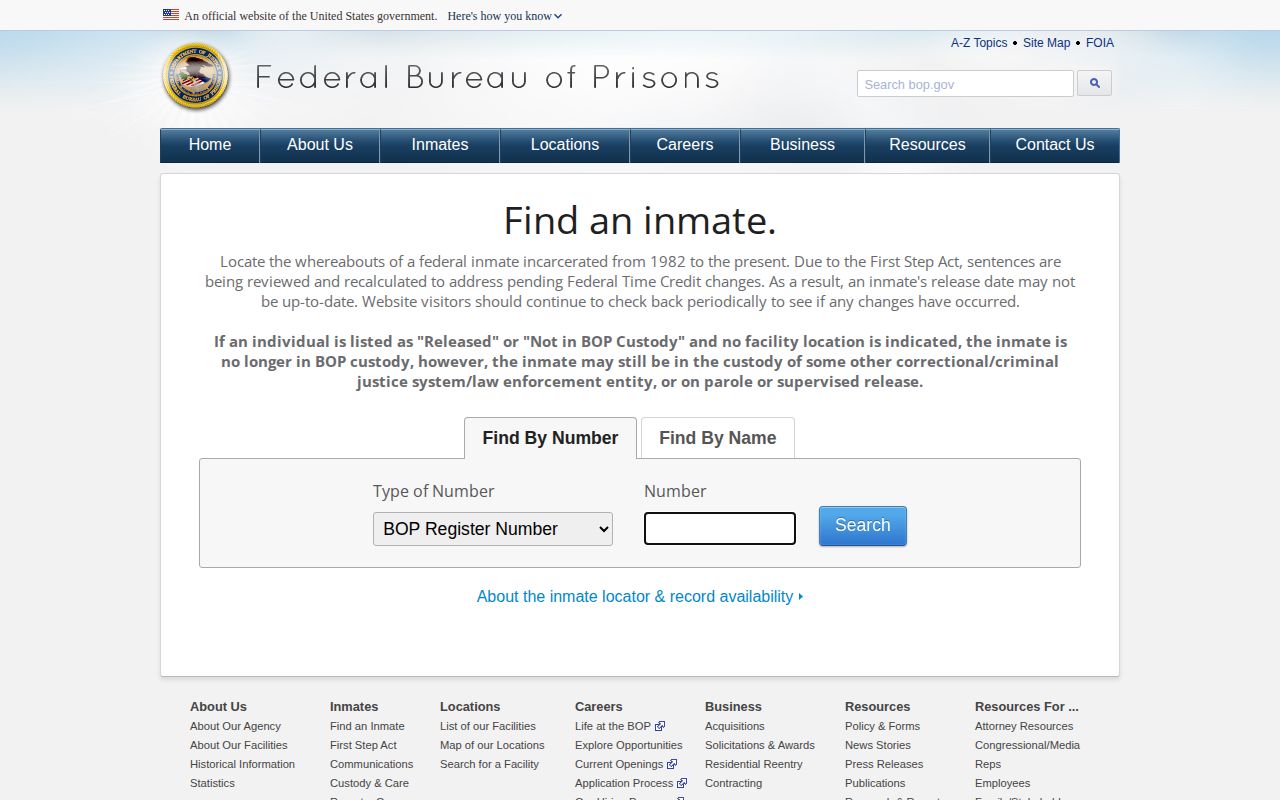 Federal Bureau of Prisons release search modes for a Fluvanna County record