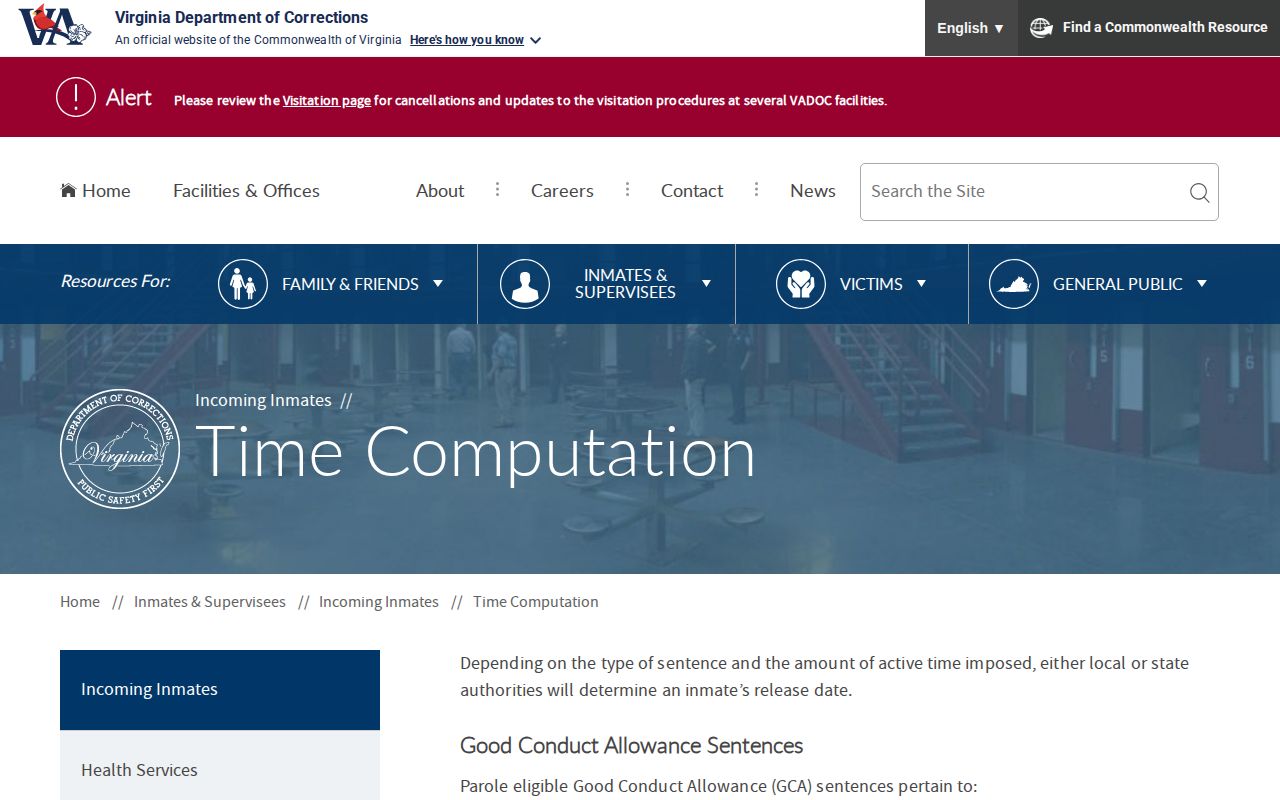 Virginia time computation information for a Fluvanna County projected release date